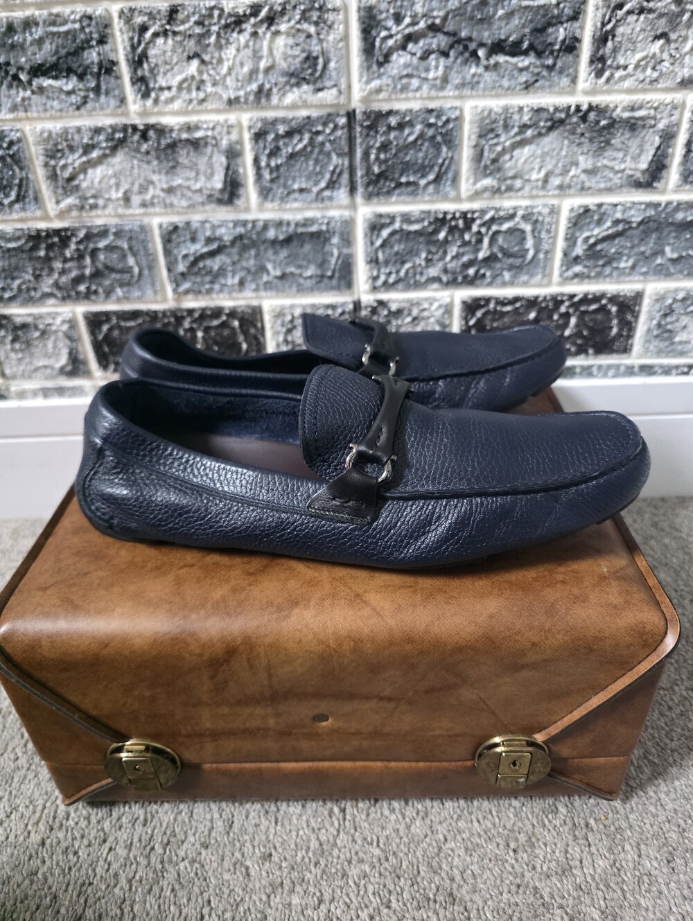 Salvatore Ferragamo Men's Navy Leather Loafers Size 9.5 - Picture 2 of 13